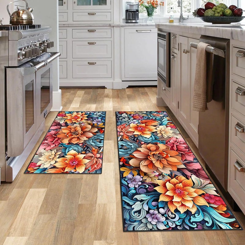 UYDOXCU Colorful Flower Kitchen Rug 2 Piece Set, Boho Decor Kitchen Floor Mat, Non-Slip Absorbent and Washable Home Decoration Carpet 17 * 30+17 * 47 Inches - Image 3